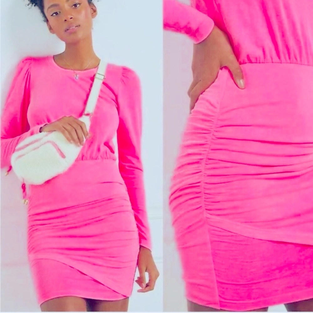 Sundry by Anthropology Barbiecore Neon Pink Ruched Cotton Dress Small